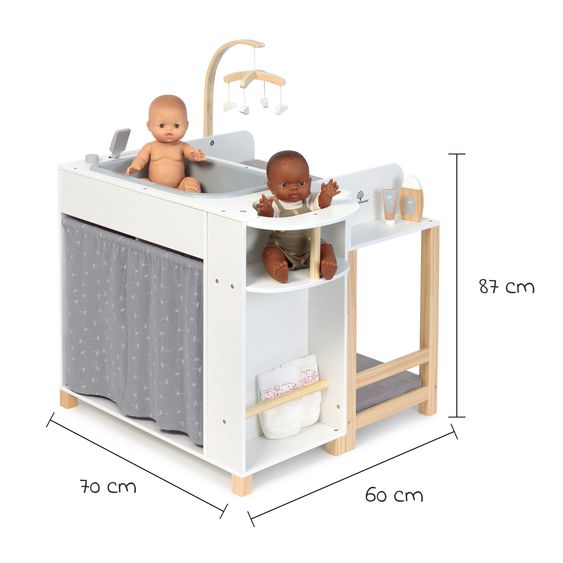 MUSTERKIND Centro Bambole Viola con vasca da bagno, fasciatoio, armadio, seggiolone & mobile - Bianco / Naturale / Grigio