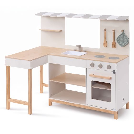 MUSTERKIND Spielküche & Cafe Robusta seitliche Theke, Markise, Spüle, Herd, Backofen & Gaskochfeld - Weiß / Natur