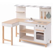 Spielküche & Cafe Robusta seitliche Theke, Markise, Spüle, Herd, Backofen & Gaskochfeld - Weiß / Natur
