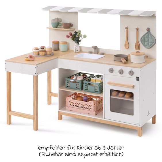 MUSTERKIND Spielküche & Cafe Robusta seitliche Theke, Markise, Spüle, Herd, Backofen & Gaskochfeld - Weiß / Natur