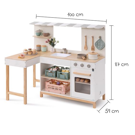 MUSTERKIND Spielküche & Cafe Robusta seitliche Theke, Markise, Spüle, Herd, Backofen & Gaskochfeld - Weiß / Natur