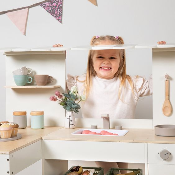 MUSTERKIND Spielküche & Cafe Robusta seitliche Theke, Markise, Spüle, Herd, Backofen & Gaskochfeld - Weiß / Natur