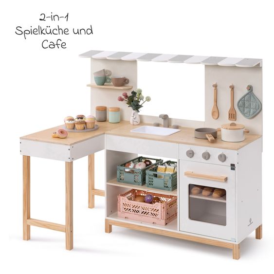 MUSTERKIND Spielküche & Cafe Robusta seitliche Theke, Markise, Spüle, Herd, Backofen & Gaskochfeld - Weiß / Natur