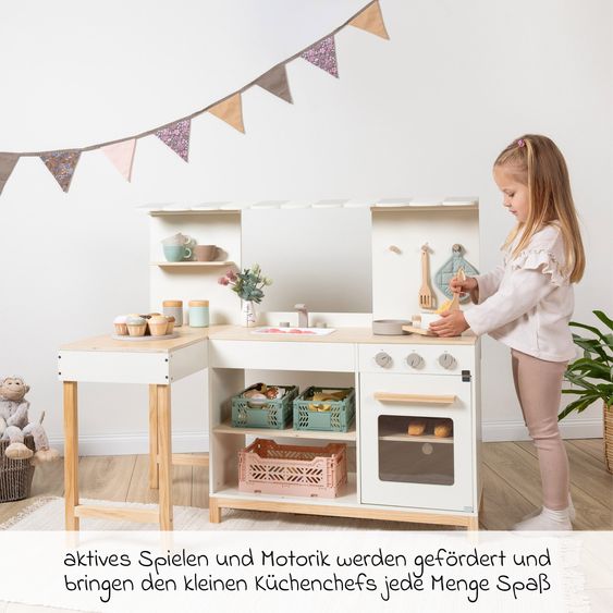 MUSTERKIND Spielküche & Cafe Robusta seitliche Theke, Markise, Spüle, Herd, Backofen & Gaskochfeld - Weiß / Natur