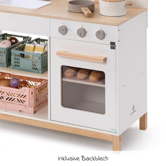 MUSTERKIND Spielküche & Cafe Robusta seitliche Theke, Markise, Spüle, Herd, Backofen & Gaskochfeld - Weiß / Natur