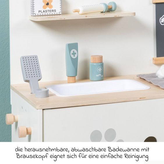 MUSTERKIND Tierarzt-Center Thymus mit Badewanne, Ablagefach & Tafel - Weiß / Natur