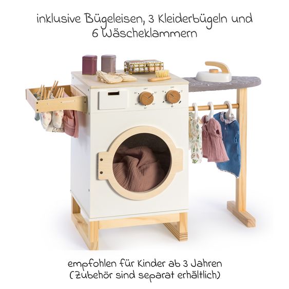 MUSTERKIND Wasch- und Bügelcenter Rumex mit Waschmaschine, Bügelbrett & Bügeleisen - Weiß / Natur