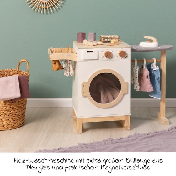 MUSTERKIND Wasch- und Bügelcenter Rumex mit Waschmaschine, Bügelbrett & Bügeleisen - Weiß / Natur