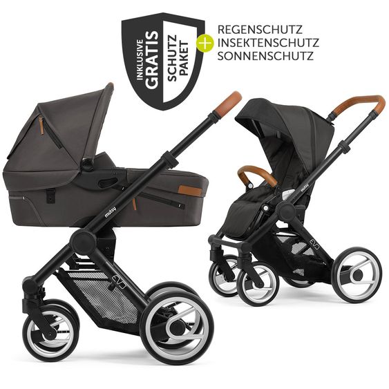 Mutsy Kombi-Kinderwagen Evo Schwarz Griff Cognac inkl. Babywanne, Sportsitz & XXL Zubehörpaket - Stone Grey
