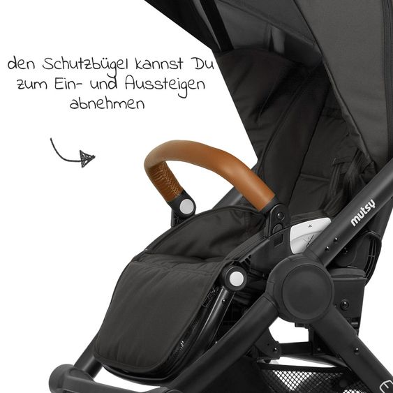 Mutsy Kombi-Kinderwagen Evo Schwarz Griff Cognac inkl. Babywanne, Sportsitz & XXL Zubehörpaket - Stone Grey