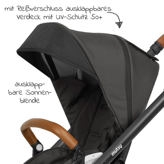 Mutsy Kombi-Kinderwagen Evo Schwarz Griff Cognac inkl. Babywanne, Sportsitz & XXL Zubehörpaket - Stone Grey