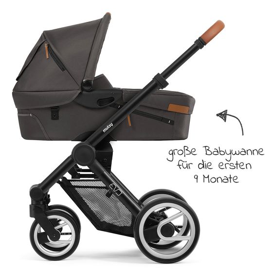 Mutsy Kombi-Kinderwagen Evo Schwarz Griff Cognac inkl. Babywanne, Sportsitz & XXL Zubehörpaket - Stone Grey