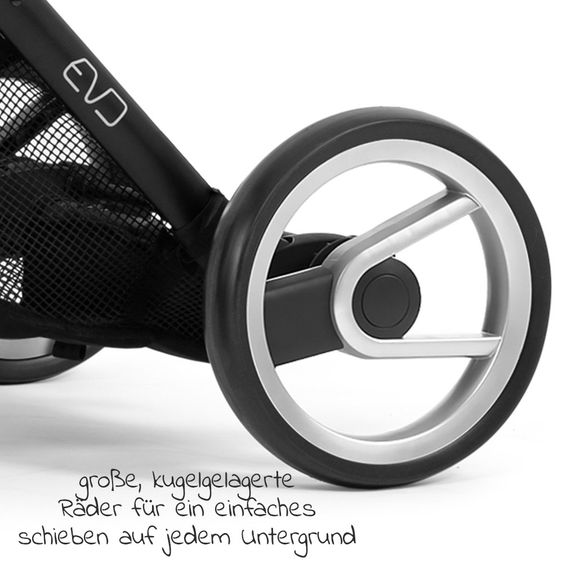 Mutsy Kombi-Kinderwagen Evo Schwarz Griff Cognac inkl. Babywanne, Sportsitz & XXL Zubehörpaket - Stone Grey