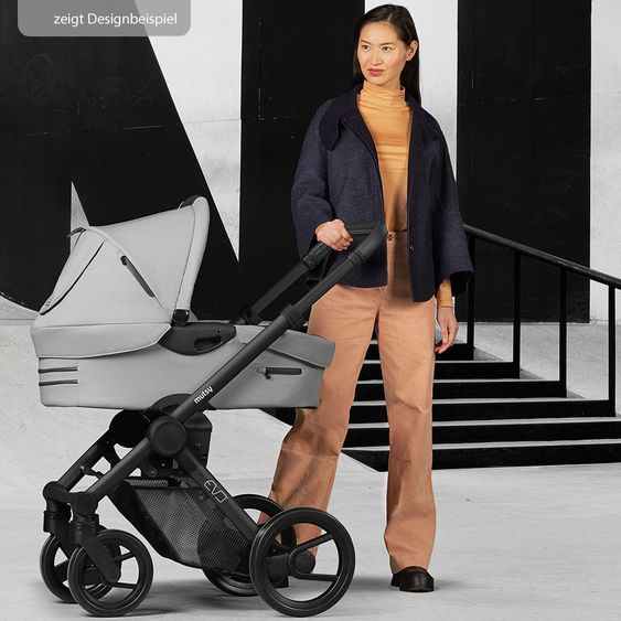 Mutsy Kombi-Kinderwagen Evo Schwarz Griff Cognac inkl. Babywanne, Sportsitz & XXL Zubehörpaket - Stone Grey