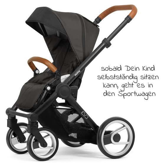 Mutsy Kombi-Kinderwagen Evo Schwarz Griff Cognac inkl. Babywanne, Sportsitz & XXL Zubehörpaket - Stone Grey