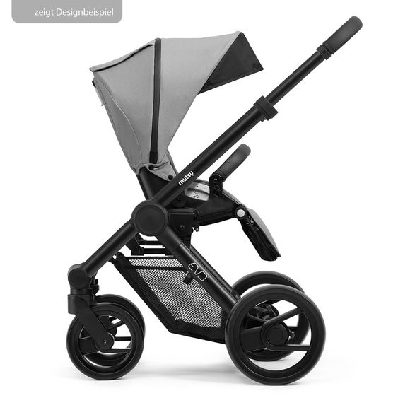 Mutsy Kombi-Kinderwagen Evo Schwarz Griff Cognac inkl. Babywanne, Sportsitz & XXL Zubehörpaket - Stone Grey