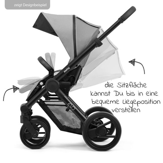 Mutsy Kombi-Kinderwagen Evo Schwarz Griff Cognac inkl. Babywanne, Sportsitz & XXL Zubehörpaket - Stone Grey