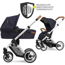 Passeggino combinato Evo Silver Handle Cognac con navicella, seggiolino sportivo e pacchetto accessori XXL - Deep Navy