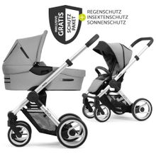 Passeggino combinato Evo Silver Handle Grey con navicella, seggiolino sportivo e pacchetto accessori XXL - Pebble Grey