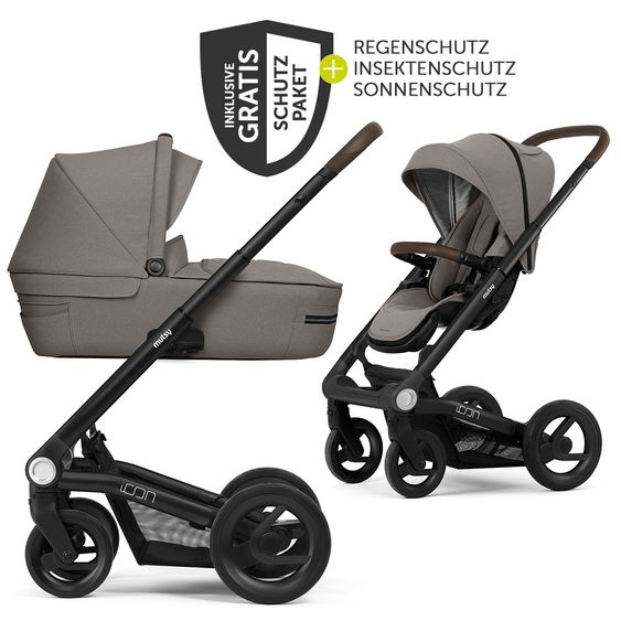 Mutsy Icon Black Handle Brown Passeggino combinato con navicella, sedile sportivo e pacchetto accessori XXL - Leisure Fjord