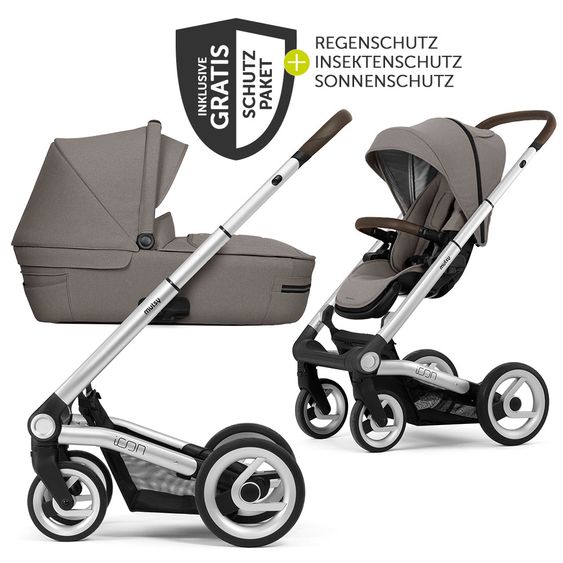 Mutsy Kombi-Kinderwagen Icon Silber Griff Brown inkl. Babywanne, Sportsitz & XXL Zubehörpaket - Leisure Fjord