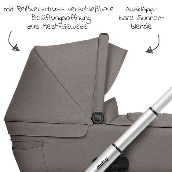 Mutsy Kombi-Kinderwagen Icon Silber Griff Brown inkl. Babywanne, Sportsitz & XXL Zubehörpaket - Leisure Fjord
