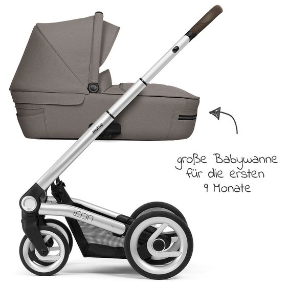 Mutsy Kombi-Kinderwagen Icon Silber Griff Brown inkl. Babywanne, Sportsitz & XXL Zubehörpaket - Leisure Fjord