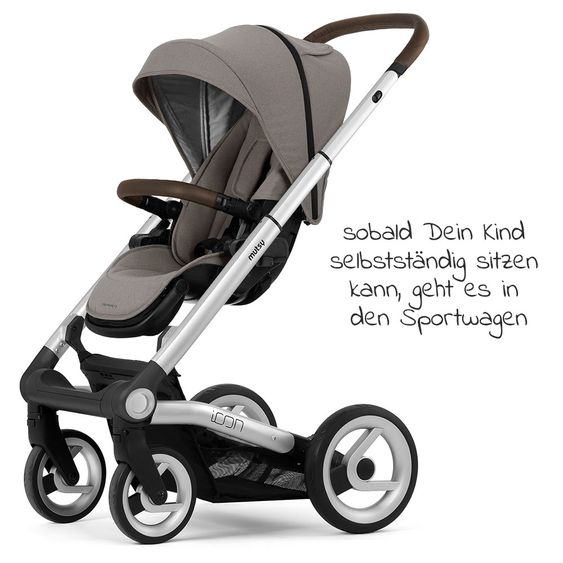Mutsy Kombi-Kinderwagen Icon Silber Griff Brown inkl. Babywanne, Sportsitz & XXL Zubehörpaket - Leisure Fjord