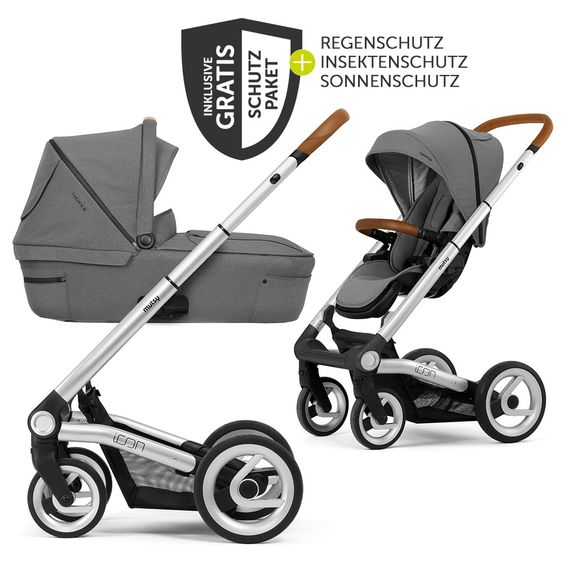 Mutsy Kombi-Kinderwagen Icon Silber Griff Cognac inkl. Babywanne, Sportsitz & XXL Zubehörpaket - Balance Edition Granite
