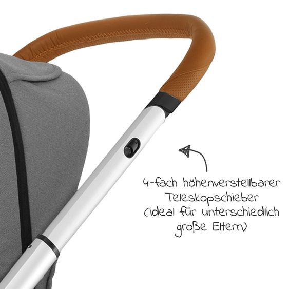Mutsy Kombi-Kinderwagen Icon Silber Griff Cognac inkl. Babywanne, Sportsitz & XXL Zubehörpaket - Balance Edition Granite