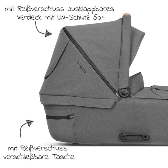 Mutsy Kombi-Kinderwagen Icon Silber Griff Cognac inkl. Babywanne, Sportsitz & XXL Zubehörpaket - Balance Edition Granite