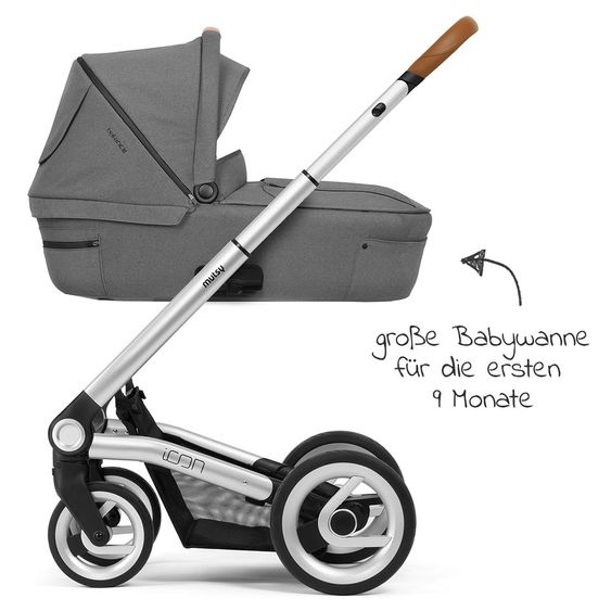Mutsy Kombi-Kinderwagen Icon Silber Griff Cognac inkl. Babywanne, Sportsitz & XXL Zubehörpaket - Balance Edition Granite