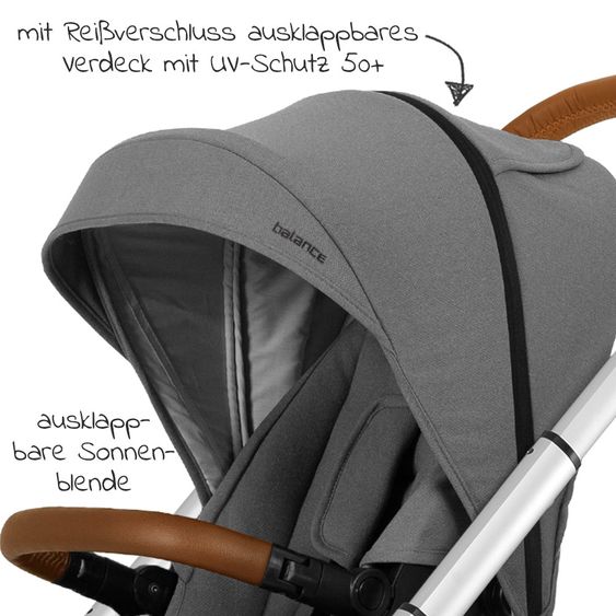 Mutsy Kombi-Kinderwagen Icon Silber Griff Cognac inkl. Babywanne, Sportsitz & XXL Zubehörpaket - Balance Edition Granite