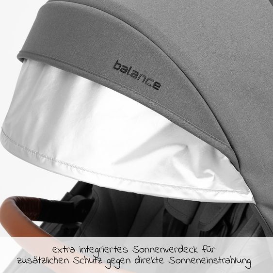 Mutsy Kombi-Kinderwagen Icon Silber Griff Cognac inkl. Babywanne, Sportsitz & XXL Zubehörpaket - Balance Edition Granite