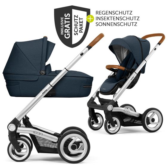 Mutsy Kombi-Kinderwagen Icon Silber Griff Cognac inkl. Babywanne, Sportsitz & XXL Zubehörpaket - Leisure River