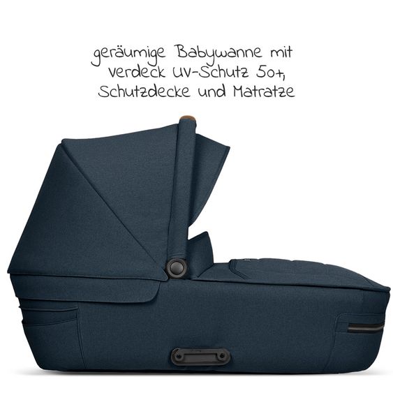 Mutsy Kombi-Kinderwagen Icon Silber Griff Cognac inkl. Babywanne, Sportsitz & XXL Zubehörpaket - Leisure River