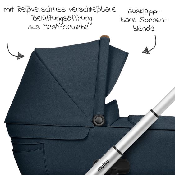 Mutsy Kombi-Kinderwagen Icon Silber Griff Cognac inkl. Babywanne, Sportsitz & XXL Zubehörpaket - Leisure River