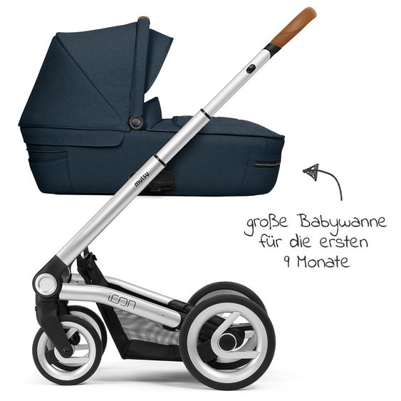 Mutsy Kombi-Kinderwagen Icon Silber Griff Cognac inkl. Babywanne, Sportsitz & XXL Zubehörpaket - Leisure River
