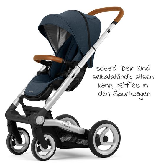 Mutsy Kombi-Kinderwagen Icon Silber Griff Cognac inkl. Babywanne, Sportsitz & XXL Zubehörpaket - Leisure River