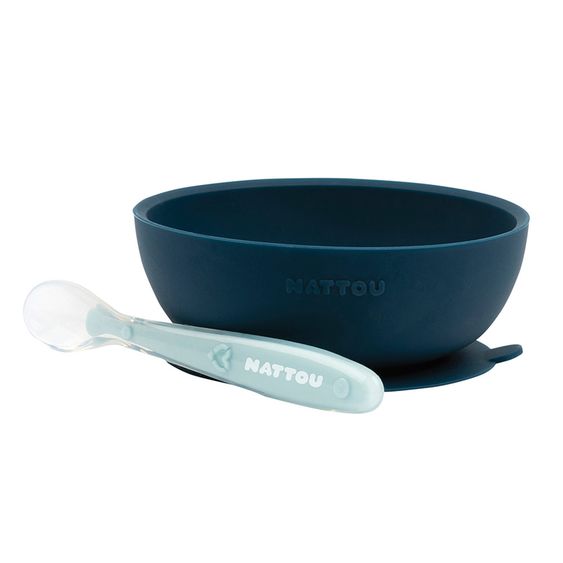 Nattou Set da pranzo in silicone 2 pezzi - Ciotola + Cucchiaio - Blu Navy