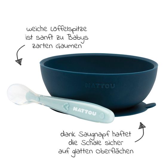 Nattou 2pcs Eating Learning Set Silicone - Bowl + Spoon - Navy Light Blue