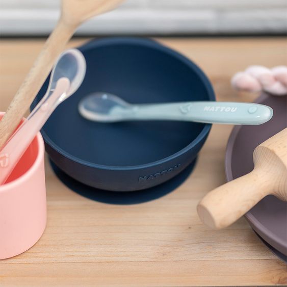 Nattou 2pcs Eating Learning Set Silicone - Bowl + Spoon - Navy Light Blue