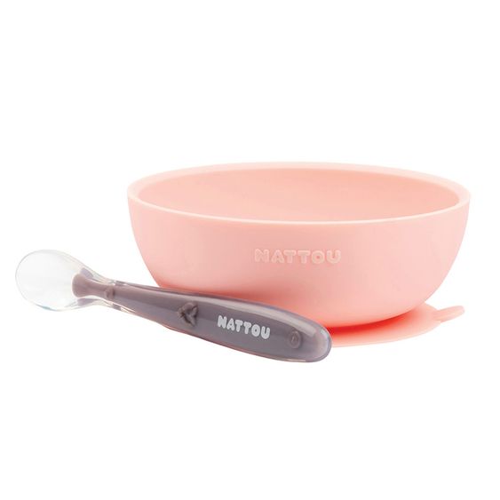 Nattou Set da 2 pezzi per mangiare in silicone - Ciotola + Cucchiaio - Melanzana rosa