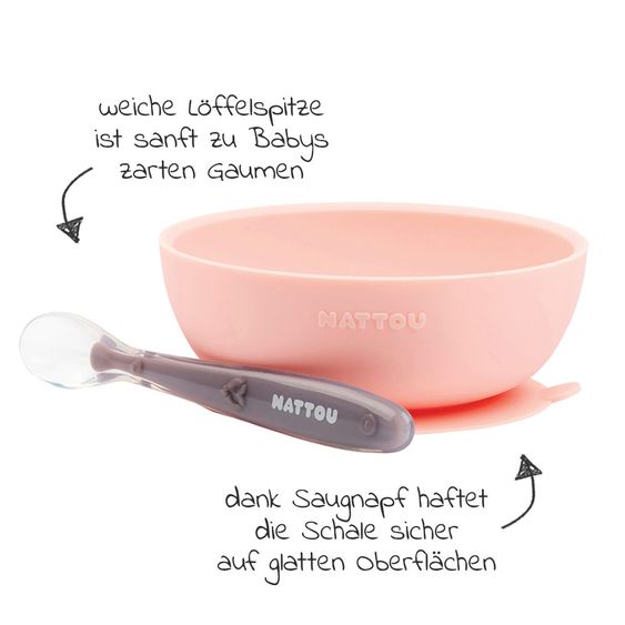 Nattou Set da 2 pezzi per mangiare in silicone - Ciotola + Cucchiaio - Melanzana rosa