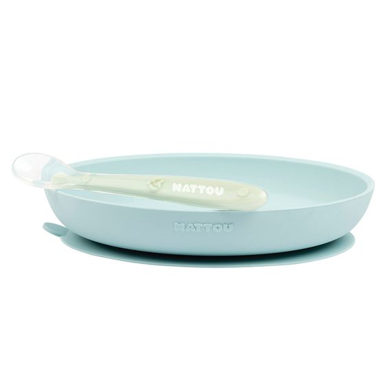 Nattou Set da mangiare in silicone a 2 pezzi - Piatto + Cucchiaio - Azzurro Verde