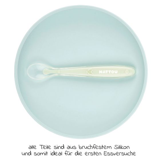 Nattou 2pcs Eating Learning Set Silicone - Plate + Spoon - Light Blue Green