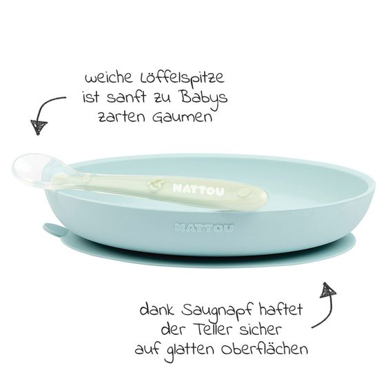 Nattou Set da mangiare in silicone a 2 pezzi - Piatto + Cucchiaio - Azzurro Verde