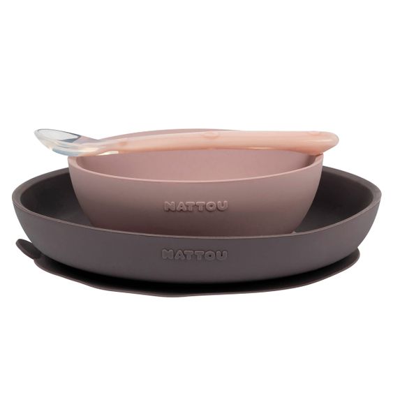 Nattou Set di stoviglie in silicone da 3 pezzi - Rosa melanzana