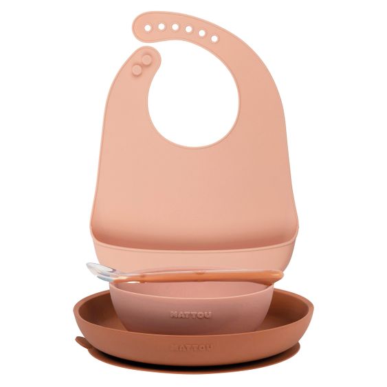 Nattou Set da 4 pezzi per mangiare in silicone - Stoviglie + bavaglino - Rosa