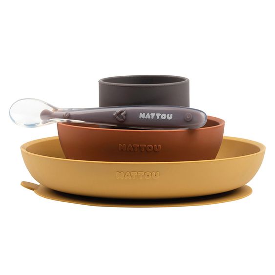 Nattou Set di stoviglie in silicone da 4 pezzi - Terracotta ocra